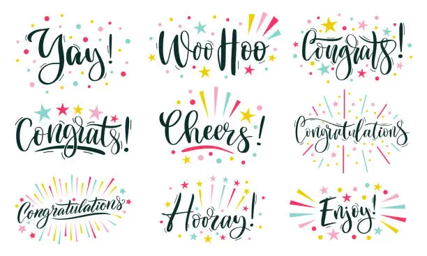 Vector illustration of Joyful lettering. Congratulations text, cheers and hooray calligraphic inscription. Congrats, enjoy and woo hoo template with rays and sparkles vector set