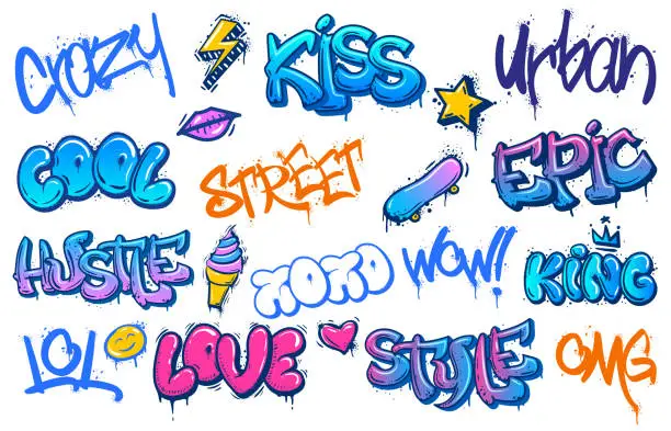 Vector illustration of Street art lettering. Crazy urban graffiti, streets culture spray inscription and cool teenage wall scribble vector set