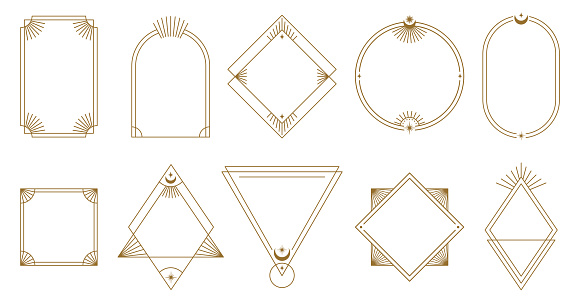 Boho frame. Simple minimal line art badge borders, contour label templates vector set. Elegant gold outline of different shapes as circle, square, triangle and rectangle decorated with moon and rays
