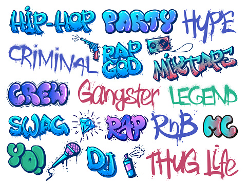 Rap graffiti. Hip-hop legend, RnB party and gangster crew street art calligraphy tags with grunge paint texture vector set. Colorful lettering or urban freestyle writing isolated on white