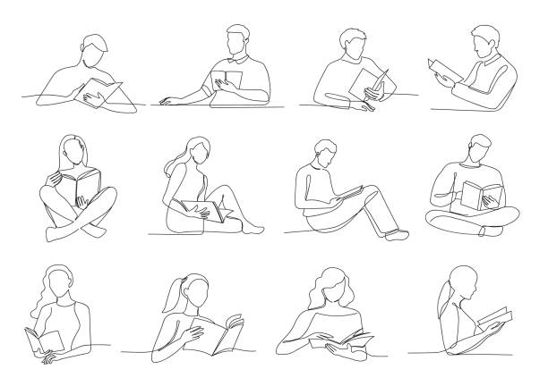 One line read books. Reading people, student with book engage in reading single continuous outline vector Illustration set One line read books. Reading people, student with book engage in reading single continuous outline vector Illustration set. Young female and male characters holding open textbooks line art man sitting alone drawing stock illustrations