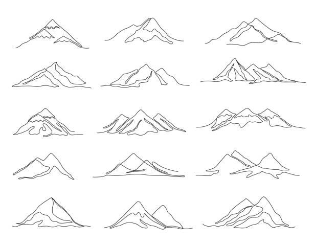 One line mountains. Linear mountain ranges and continuous outline peaks, travel landscape vector illustration set One line mountains. Linear mountain ranges and continuous outline peaks, travel landscape vector illustration set. Minimalistic single design for expedition, climbing or hiking logo mountain clipart stock illustrations