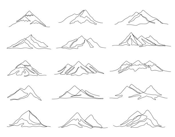 One line mountains. Linear mountain ranges and continuous outline peaks, travel landscape vector illustration set One line mountains. Linear mountain ranges and continuous outline peaks, travel landscape vector illustration set. Minimalistic single design for expedition, climbing or hiking logo Contour Drawing stock illustrations