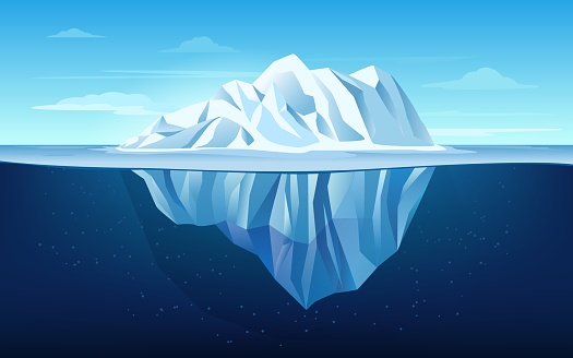 Cartoon iceberg. Growler floating In ocean, underwater part of the iceberg and tip. Giant ice ship vector background illustration. Underwater north glacier part scene, melting ice scene