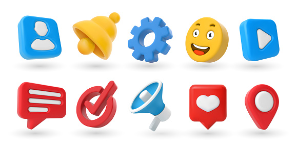 Marketing 3D icons. Location pin, check mark, yellow smile emoji and notification bell. Contacts and settings, megaphone and play video button vector set. Social media elements for online chatting