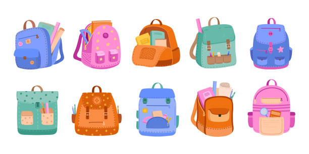 School backpacks. Kids schoolbags, childish bags with school supplies, books and stationery. Education accessories vector set School backpacks. Kids schoolbags, childish bags with school supplies, books and stationery. Education accessories vector set. Colorful rucksacks with open pockets full of learning equipment satchel stock illustrations