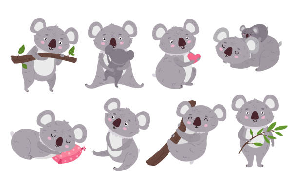 Cartoon koalas. Cute australia bear sleep, wild koala on a branch and animal with baby vector illustration set Cartoon koalas. Cute australia bear sleep, wild koala on a branch and animal with baby vector illustration set. Furry characters relaxing on pillow, holding heart, parent hugging with kid sleeping koala bear stock illustrations