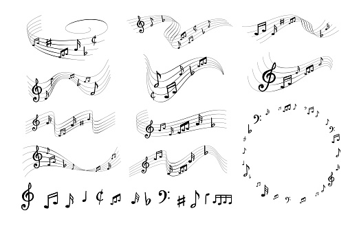 Sheet music notes. Elegant musically lines, musical notation swirls with note symbols vector illustration set. Educational composition for performance, melody sound elements isolated