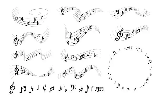 Vector illustration of Sheet music notes. Elegant musically lines, musical notation swirls with note symbols vector illustration set