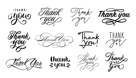 Thank you lettering. Handwritten calligraphic words of thanks, thanking tags for letter or card design vector set. Elegant text writing of different type style with ornament for postcards