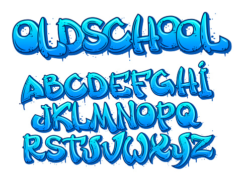 Old school graffiti font. Cartoon alphabet capital letters in street art style with paint smudges and depth effect, urban lettering designer vector set. English writing with dripping paint