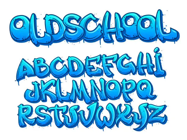 Vector illustration of Old school graffiti font. Cartoon alphabet capital letters in street art style with paint smudges and depth effect, urban lettering designer vector set