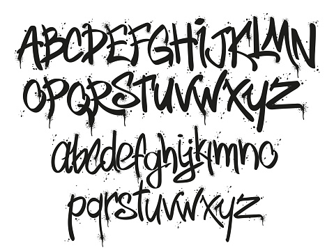 Graffiti tags marker font. Street art lettering designer, urban typography letters and alphabet with tag marker splatter vector set