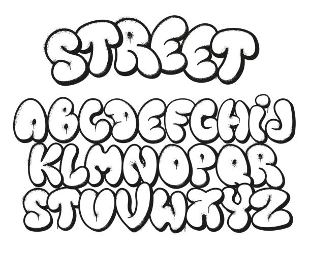 bubble graffiti schriftart. aufgeblasene buchstaben, street-art-alphabet-symbole mit grunge-gesprühter textur und urbane graffitis-designer-vektor-set - graffiti stock-grafiken, -clipart, -cartoons und -symbole