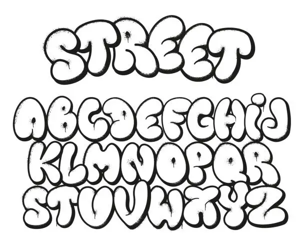 Vector illustration of Bubble graffiti font. Inflated letters, street art alphabet symbols with grunge sprayed texture and urban graffitis designer vector set