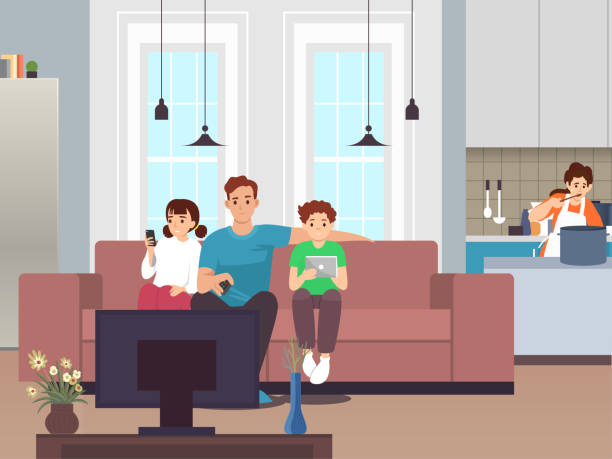 Happy family watching television sitting on the couch at home. Vector illustration in a flat style Happy family watching television sitting on the couch at home. Vector illustration in a flat style bored children stock illustrations