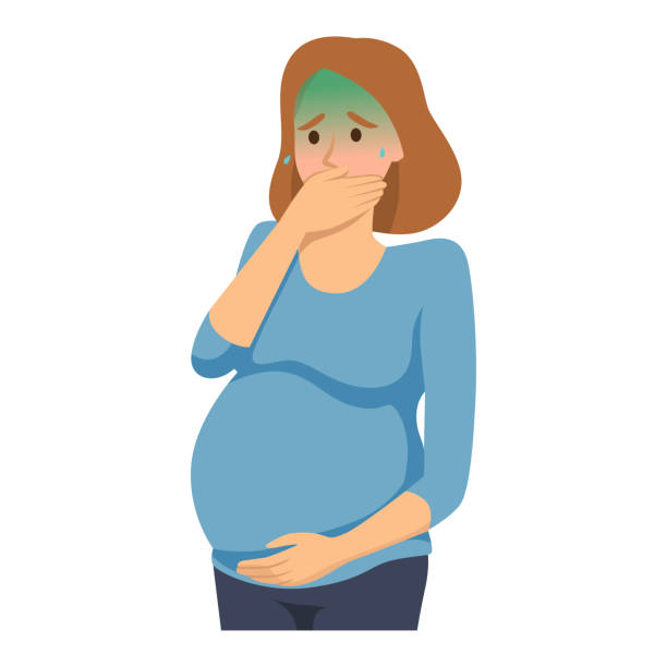 Young beautiful pregnant woman covering mouth with hand suffering morning sickness nausea pregnancy symptom Young beautiful pregnant woman covering mouth with hand suffering morning sickness nausea pregnancy symptom puke green color stock illustrations