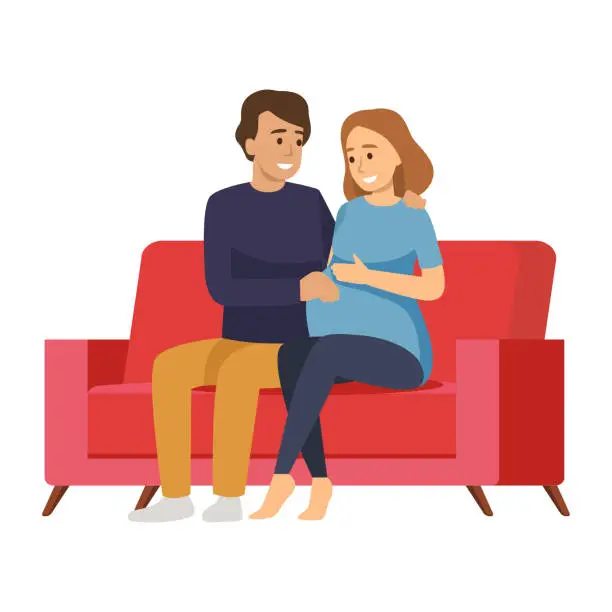 Vector illustration of Vector illustration of man hugging pregnant woman on a couch. Happy couple concept in a flat style