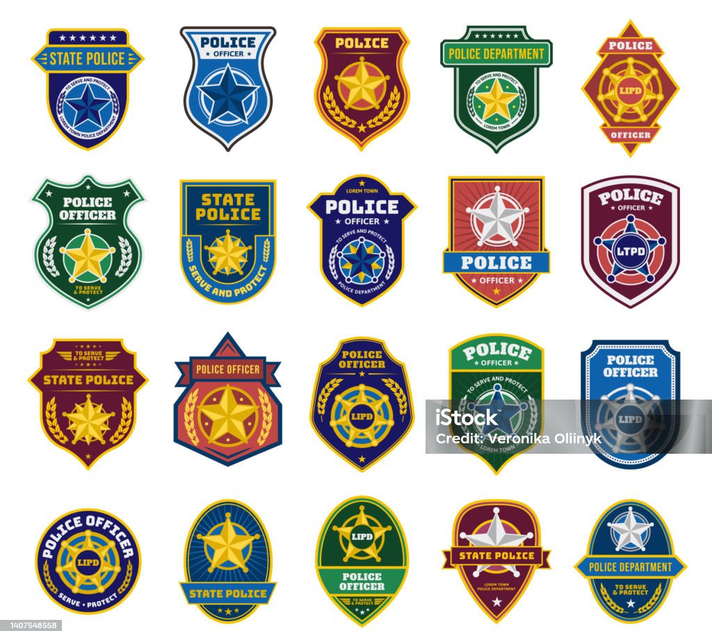 Police badges. Security officer and federal department signs, state policeman badge with star symbols vector set Police badges. Security officer and federal department signs, state policeman badge with star symbols vector set. Emergency service patches for detectives, cops and rangers, protection from crime Police Badge stock vector