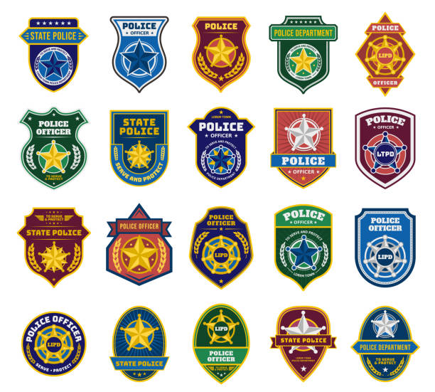 Police badges. Security officer and federal department signs, state policeman badge with star symbols vector set Police badges. Security officer and federal department signs, state policeman badge with star symbols vector set. Emergency service patches for detectives, cops and rangers, protection from crime police badge illustrations stock illustrations