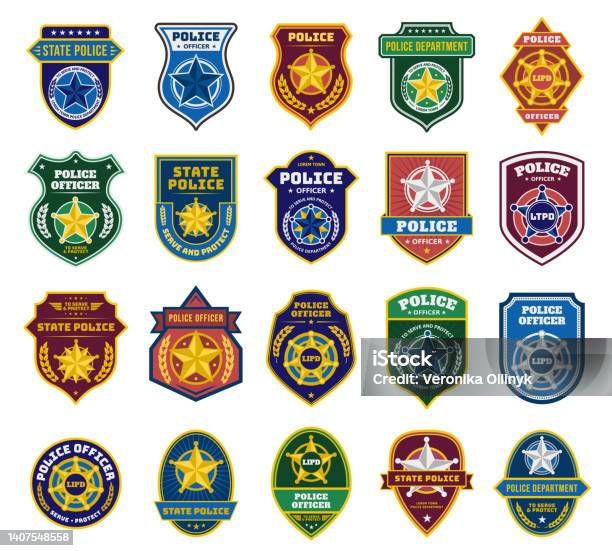 Police Badges Security Officer And Federal Department Signs State Policeman Badge With Star Symbols Vector Set Stock Illustration - Download Image Now