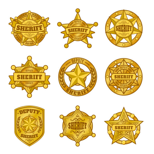 ilustraciones, imágenes clip art, dibujos animados e iconos de stock de insignias de sheriff. emblema del departamento de policía, insignia dorada con estrella de representante oficial de la ley. conjunto vectorial de símbolos - sheriff