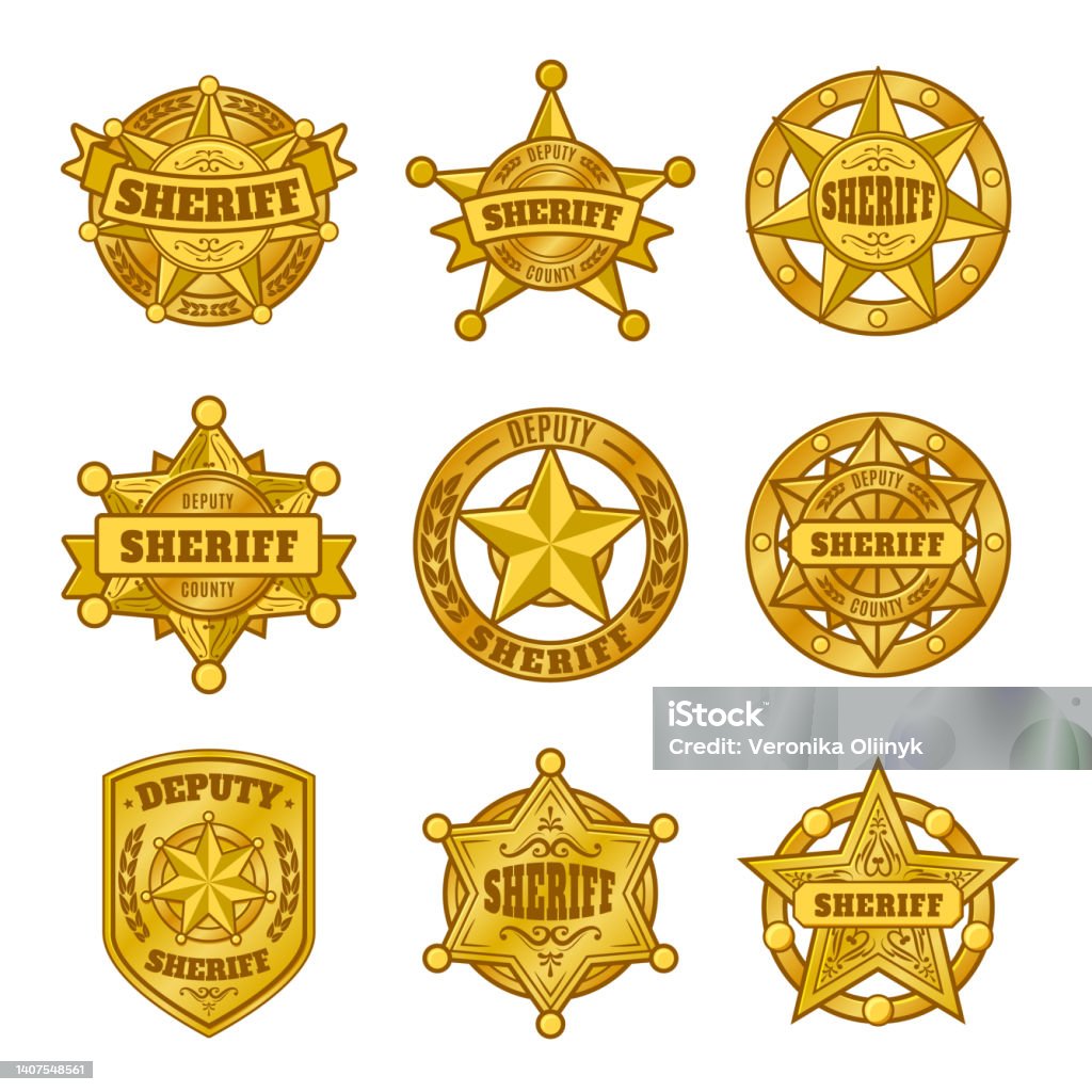 Sheriff badges. Police department emblem, golden badge with star of official representative of law. Symbols vector set Sheriff badges. Police department emblem, golden badge with star of official representative of law. Symbols vector set. Crime prevention and investigation service signs with shields Police Badge stock vector