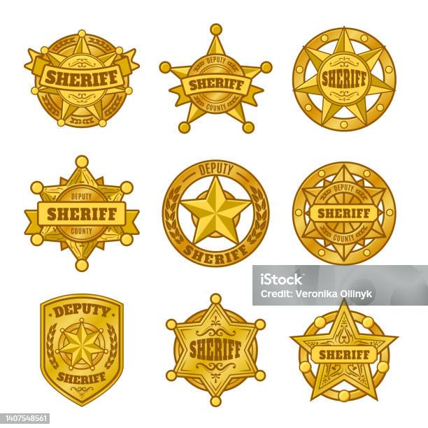 Sheriff Badges Police Department Emblem Golden Badge With Star Of Official Representative Of Law Symbols Vector Set Stock Illustration - Download Image Now