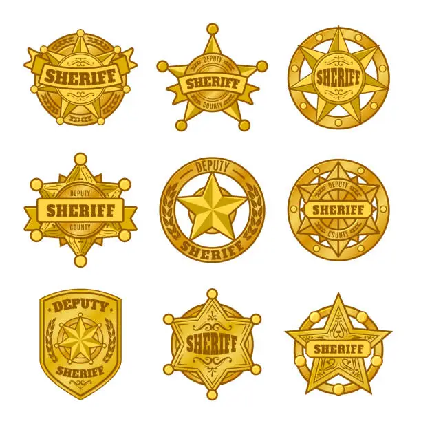 Vector illustration of Sheriff badges. Police department emblem, golden badge with star of official representative of law. Symbols vector set