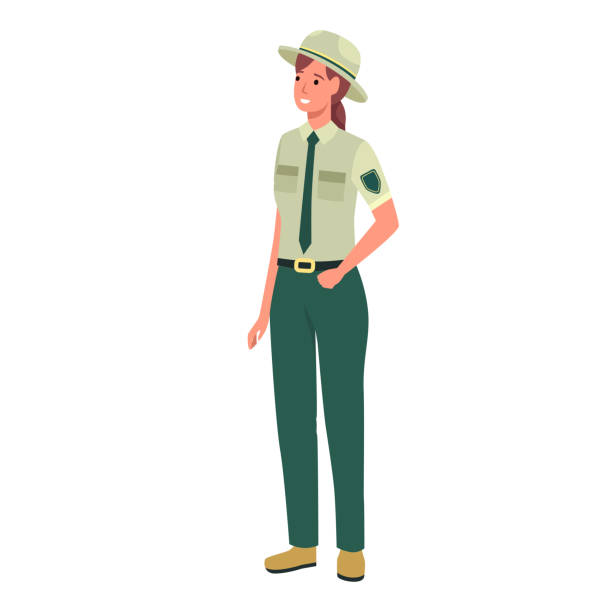 Environmental police female officer flat color vector character set. Forest protection. Law enforcement guards isolated cartoon illustration for web graphic design and animation collection Environmental police female officer flat color vector character set. Forest protection. Law enforcement guards isolated cartoon illustration for web graphic design and animation collection park ranger stock illustrations