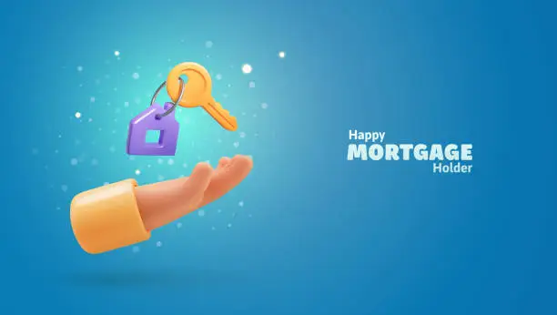 Vector illustration of 3d cartoon hand holding the house keys mortgage loan vector illustration. Real estate agent give keys. Rent housing banner template.