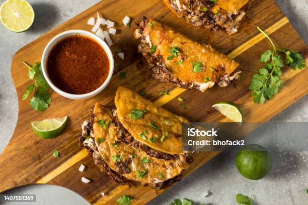 Homemade Steak Birria Meat Tacos Stock Photo - Download Image Now - Taco, Mexican Food, Street Taco