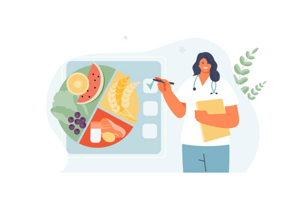 Woman doctor nutritionist with a plate of healthy food Woman doctor nutritionist with a plate of healthy food. Micronutrients and vitamins, healthy lifestyle concept vector nutritionist stock illustrations