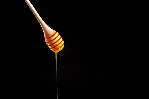 istock honey spoon on a black background. Blank space for text 1407552692