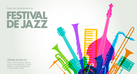 Colourful overlapping silhouettes of Jazz musical instruments. jazz, music, jazz music, concert, performance, audience, Festival de jazz, France,