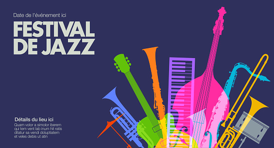 Colourful overlapping silhouettes of Jazz musical instruments. jazz, music, jazz music, concert, performance, audience, Festival de jazz, France,