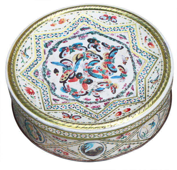 istock Old white Vintage round tin box, decorated with butterflies 1407556907