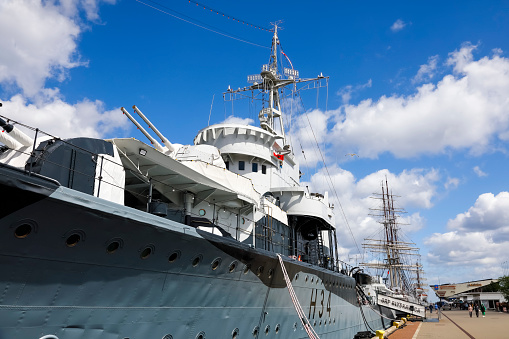 Gdynia, Poland - May 27, 2022: Warship Blyskawica, Polish destroyer, in service in the Navy since 1937. This warship participated in WWII. It has been a museum ship since May 1976.