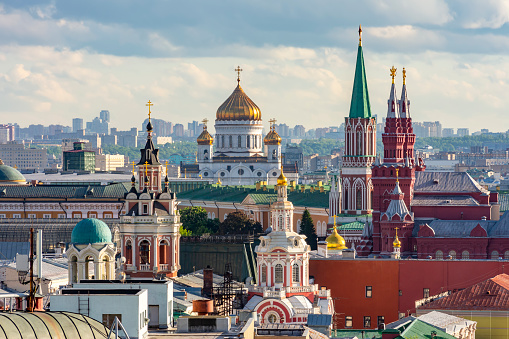 Moscow cityscape with towers of Moscow Kremlin and Cathedral of Christ the Savior (Khram Khrista Spasitelya), Russia