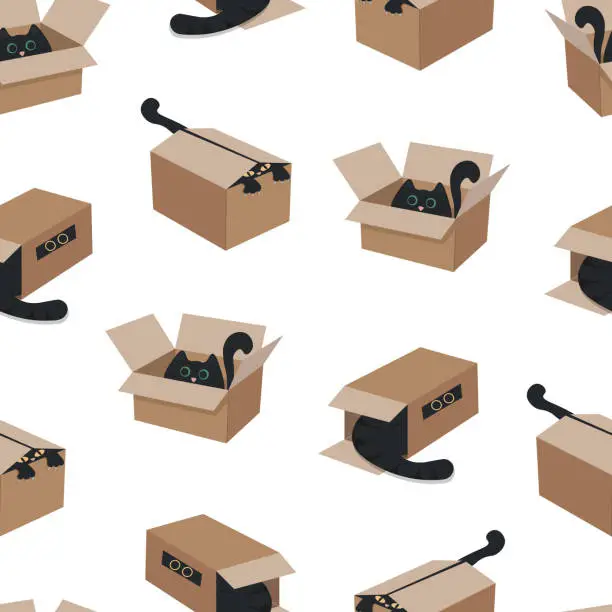 Vector illustration of Funny seamless pattern with a black cat in a cardboard box.