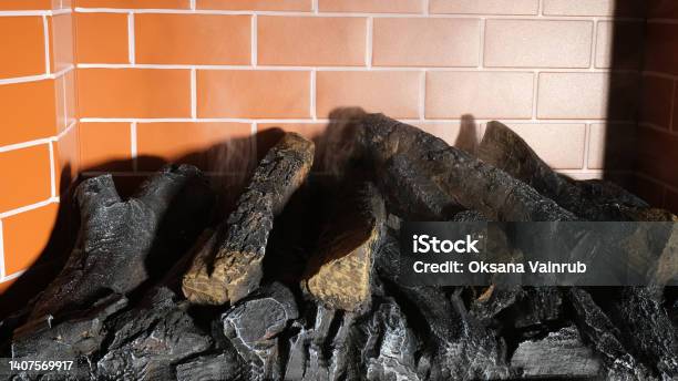 Fireplace With Burnt Wood Brick Firebox Stock Photo - Download Image Now - Apartment, Backgrounds, Barbecue Grill