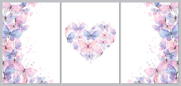 Triptych of frames and hearts with delicate, purple and pink butterflies. Watercolor illustration. For posters, postcards, certificates, invitations, announcements, beauty salon, wedding, birthday.