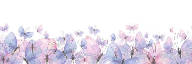 istock Horizontal banner with delicate pink and lilac butterflies. Watercolor illustration. Seamless pattern. For registration and design of certificates, invitations, banners. websites, postcards, prints. 1407574860