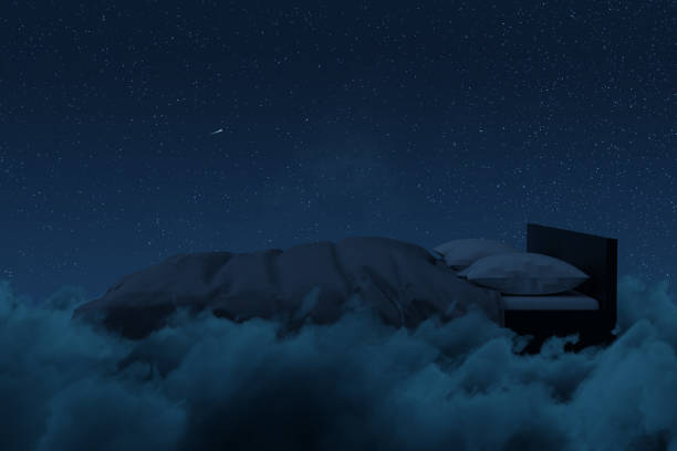 3d rendering of cozy bed over fluffy clouds at night