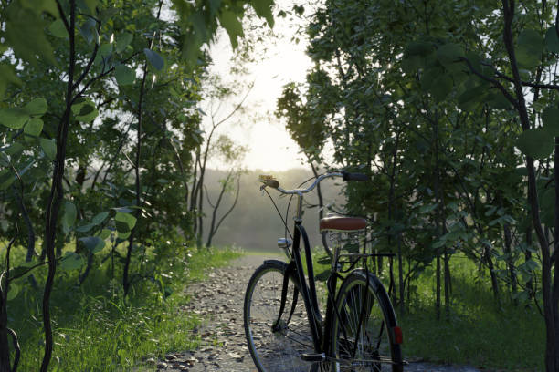 istock 3d rendering of standing bicycle in front of forest path 1407579513
