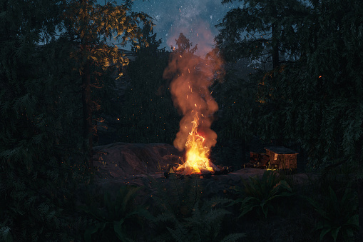 3d rendering of a forest night scene with big bonfire