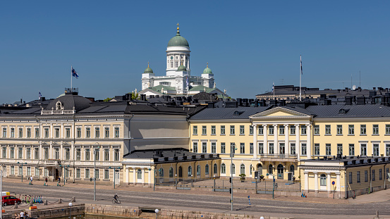 Helsinki, Finland - Jun 25th 2022: Helsinki cathedral is a prominent landmark of Finnish capital city. It's visible all over downtown area.