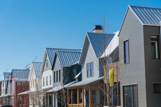 New development townhome with metal roof and covered gutters near Oklahoma City, US stock photo