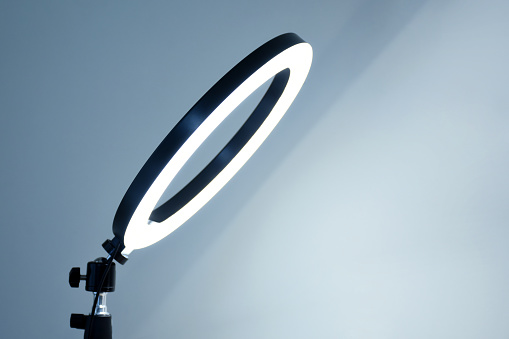 Selfie ring light LED lamp on the tripod for smart phone