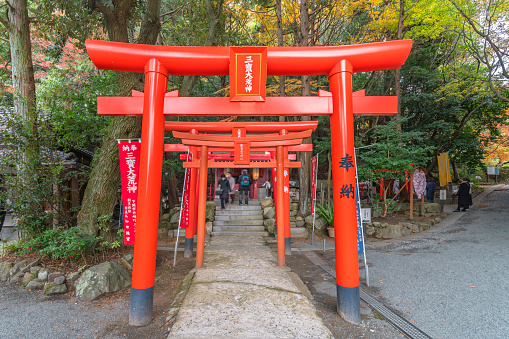 Kamakura, Japan - November 1, 2010: Japanese people standing near the Torii gate leading to the Tsurugaoka Hachimangu shrine, the  most important shinto shrine of Kamakura and dedicated to Hachiman. 